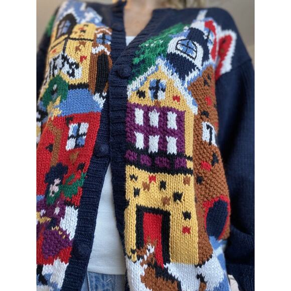 Vtg Birch Bros Holiday Christmas Sweater Cardigan Women's Multi-Color Graphic M - Picture 1 of 12